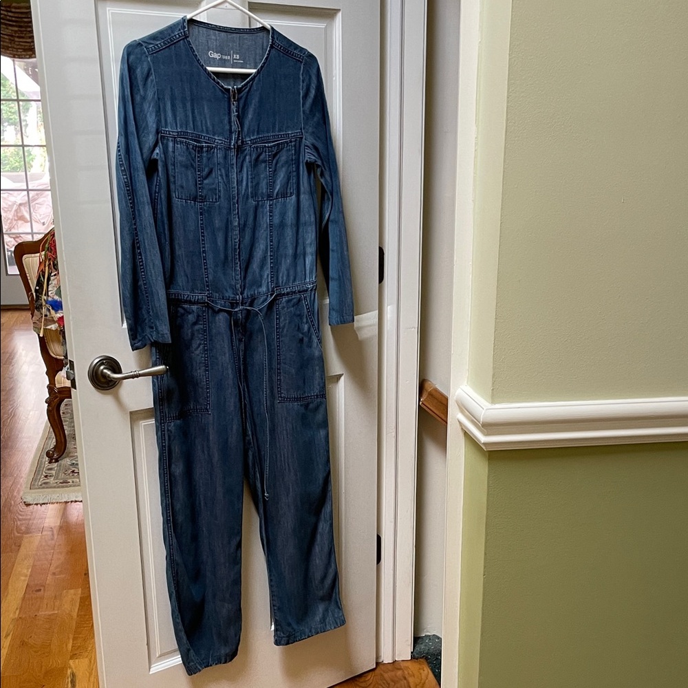 Gap Denim Zip Up Jump Suit with Drawstring Waist Size XS Like New